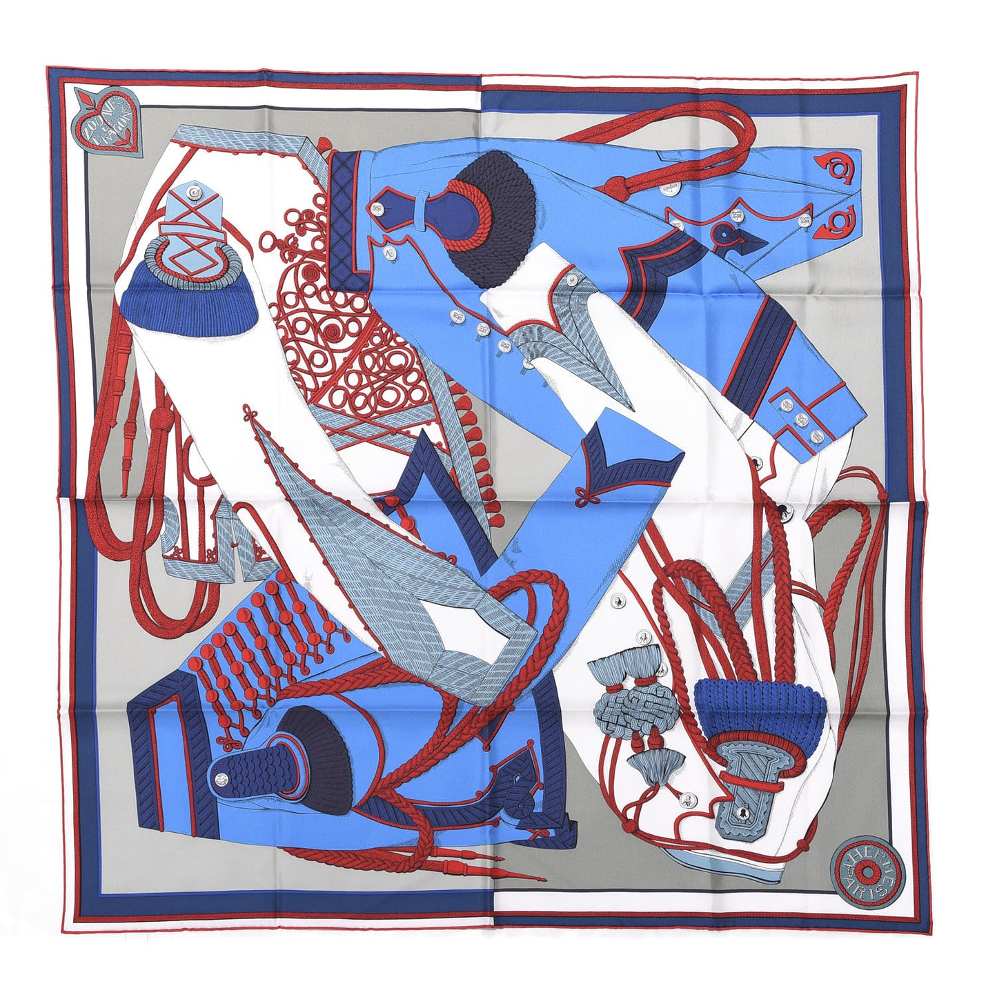 Silk Zouaves Et Dragons Scarf 90 Gris Bleu Cobalt