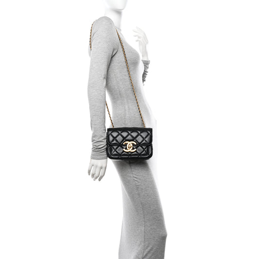 Shiny Lambskin Quilted Mini Maxi CC Flap Black