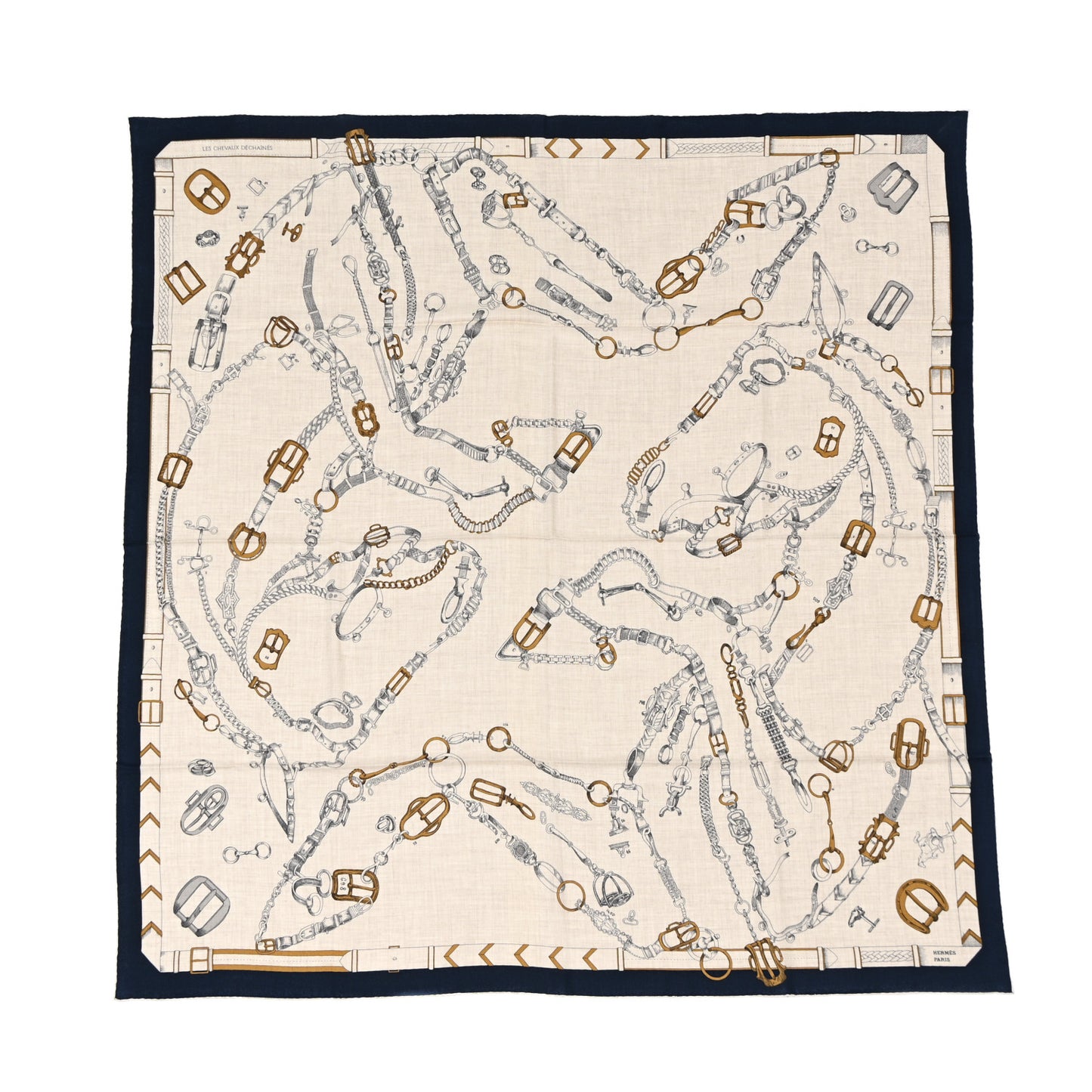 Cashmere Silk Chevaux Dechaines Shawl 140 Marine Naturel Gris