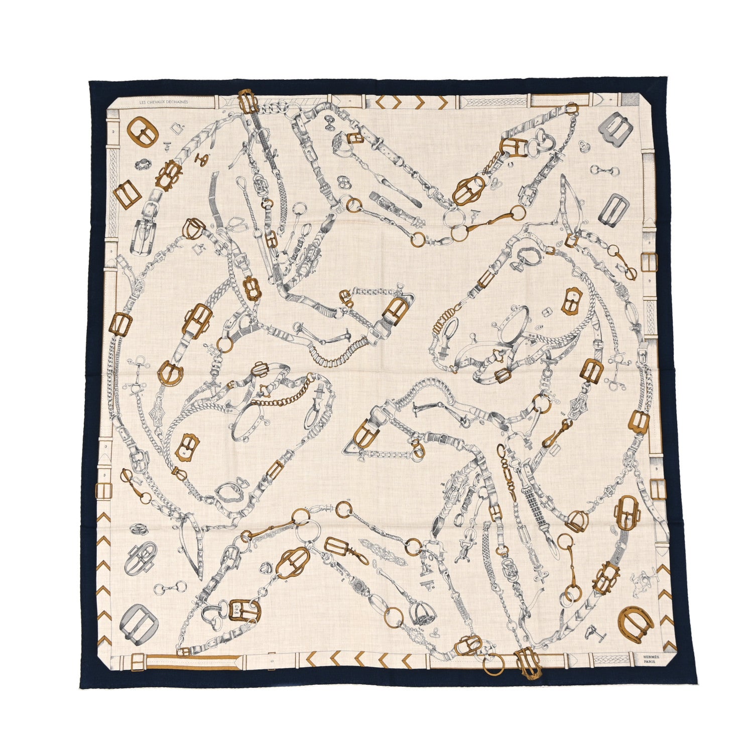 Hermes Cashmere Silk Chevaux Dechaines Shawl 140 Marine Naturel Gris 1 of 8