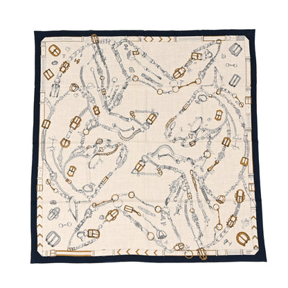 Hermes Cashmere Silk Chevaux Dechaines Shawl 140 Marine Naturel Gris 1 of 8
