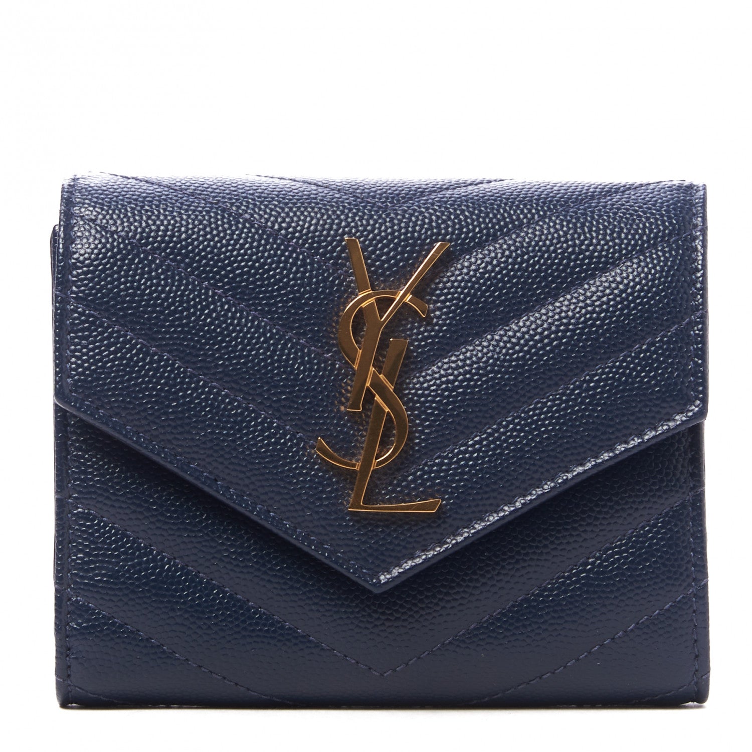 Saint Laurent Grain De Poudre Matelasse Chevron Monogram Compact Tri Fold Wallet Blue Sapphire 1 of 8