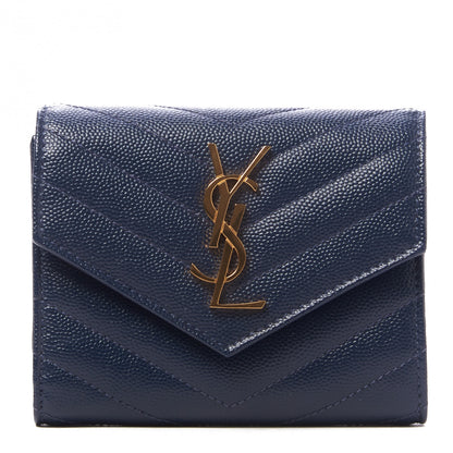 Saint Laurent Grain De Poudre Matelasse Chevron Monogram Compact Tri Fold Wallet Blue Sapphire 1 of 8