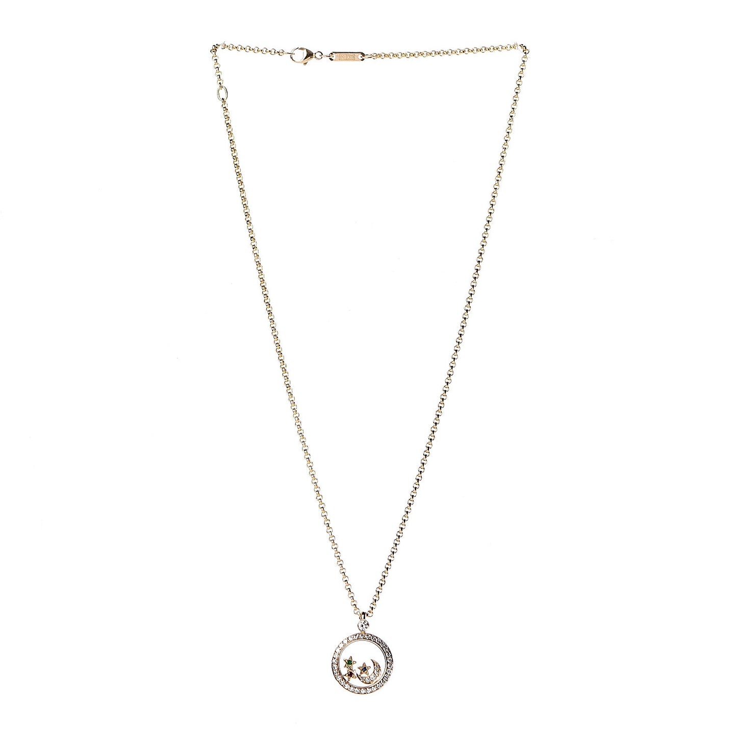 18K Yellow Gold Diamond Emerald Ruby Sapphire Happy Diamonds Stars Moon Pendant Necklace