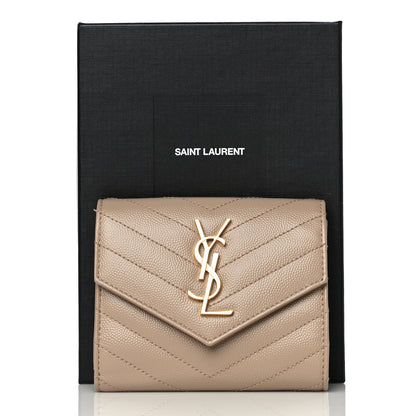 Saint Laurent Grain De Poudre Matelasse Chevron Monogram Compact Tri Fold Wallet Dark Beige 13 of 13