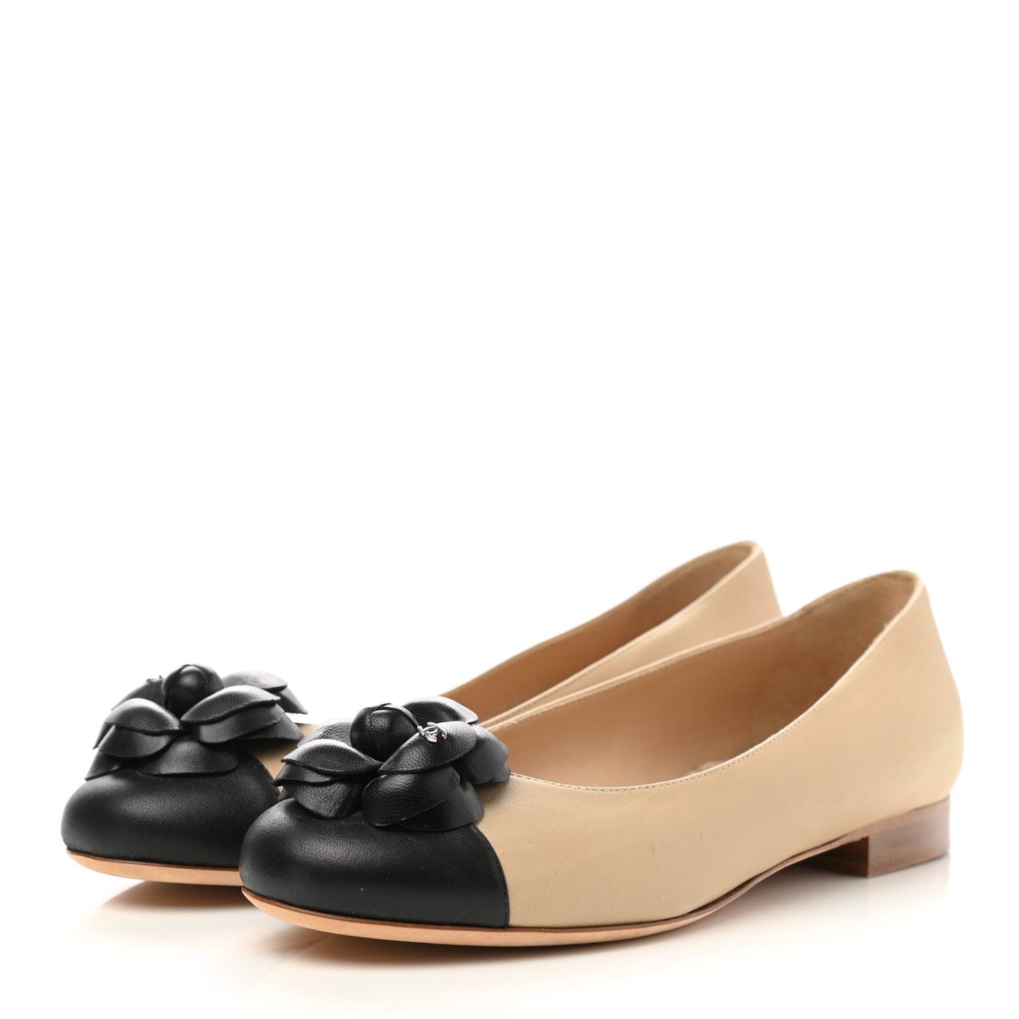 Lambskin Camellia Ballerina Flats 36.5 Beige Black