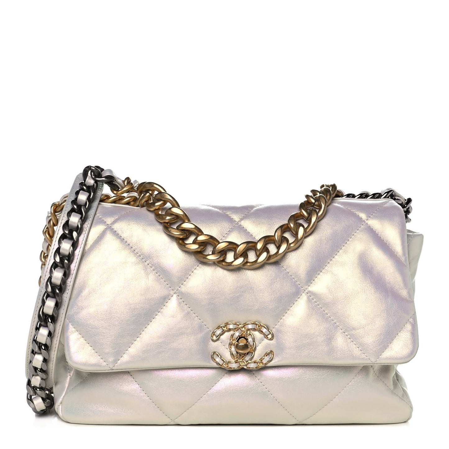 Iridescent Calfskin Quilted Large Chanel 19 Flap White