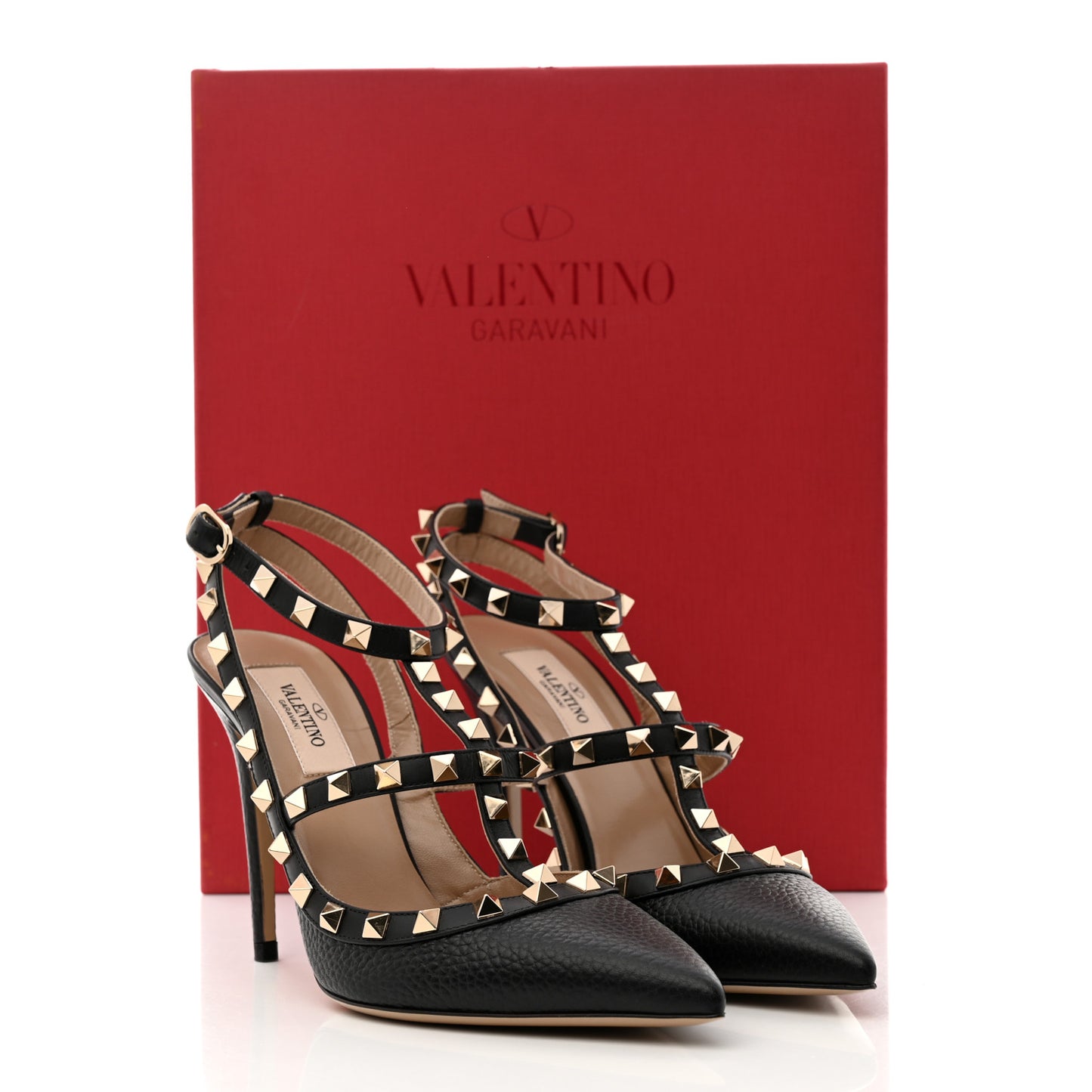 Pebbled Calfskin Rockstud Ankle Strap 100mm Pumps 37.5 Black