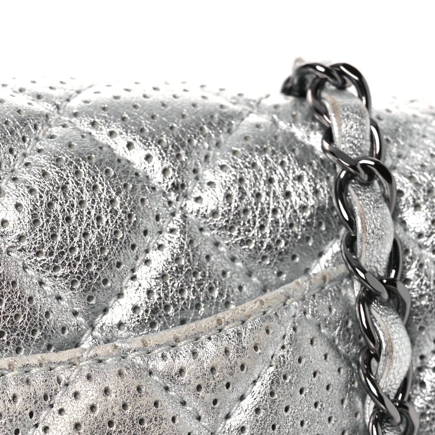 Metallic Lambskin Perforated Mini Rectangular Flap Silver