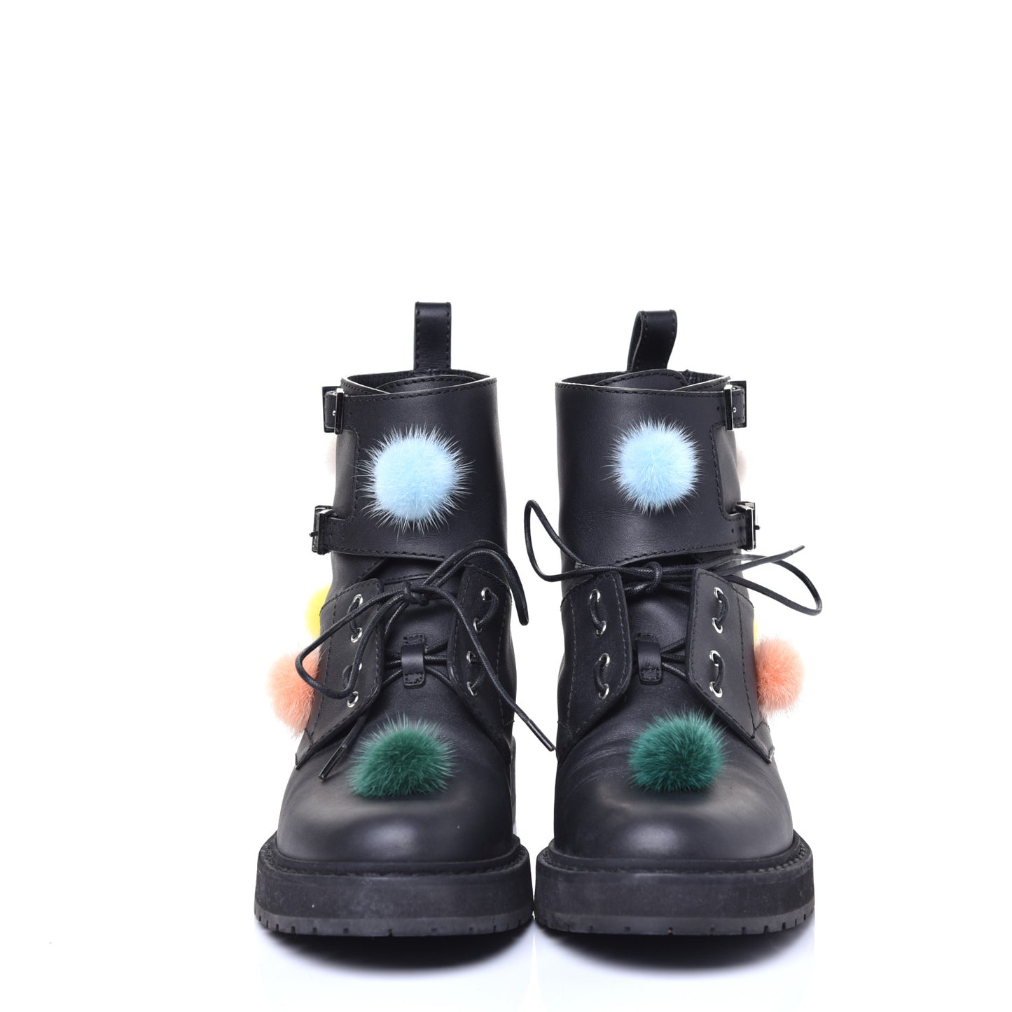 Calfskin Pom Pom Biker Boots 36 Black