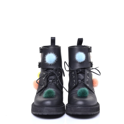 Fendi Calfskin Pom Pom Biker Boots 36 Black 3 of 8
