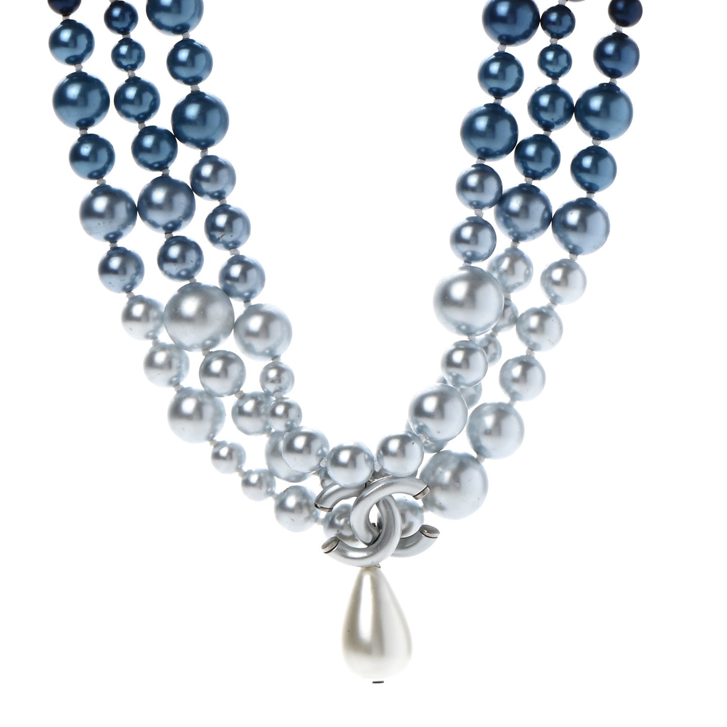 Pearl Beaded CC Multi Strand Choker Necklace Blue Silver
