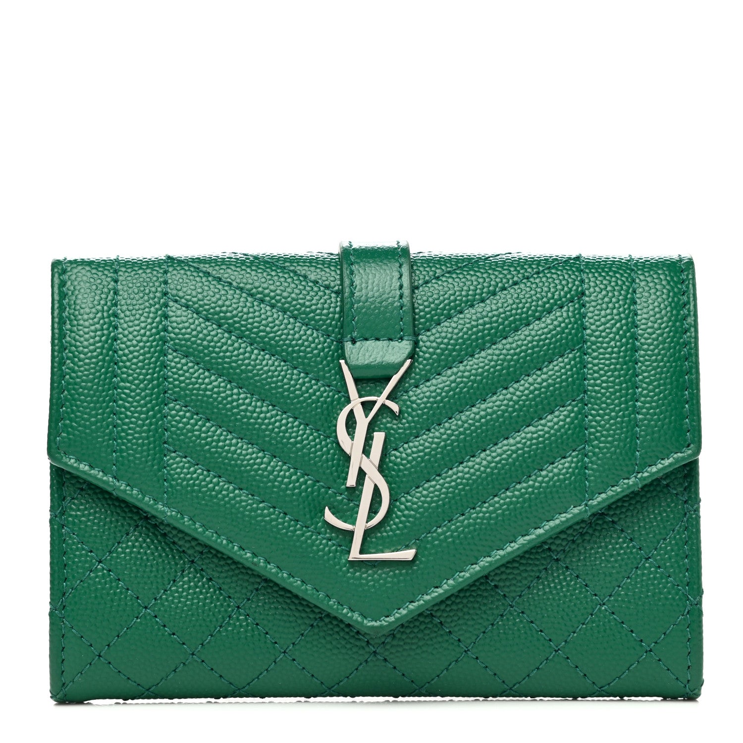 Saint Laurent Grain De Poudre Textured Mixed Matelasse Triquilt Small Monogram Envelope Wallet Green 1 of 6