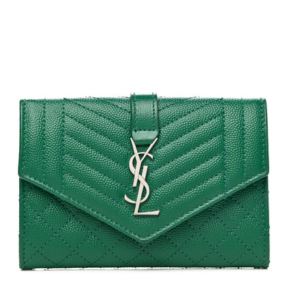 Saint Laurent Grain De Poudre Textured Mixed Matelasse Triquilt Small Monogram Envelope Wallet Green 1 of 6