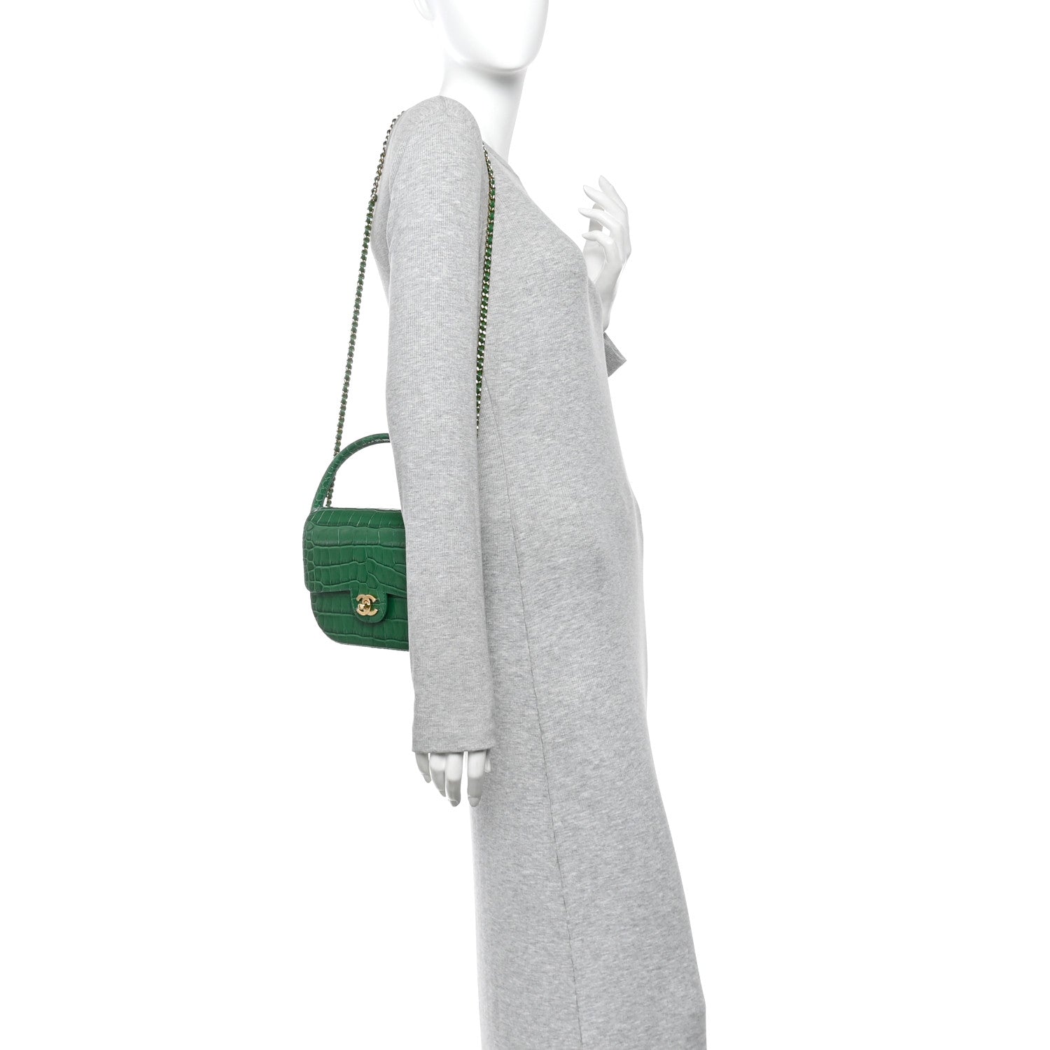 Chanel Calfskin Crocodile Embossed Turn Around Mini Flap Emerald 2 of 10
