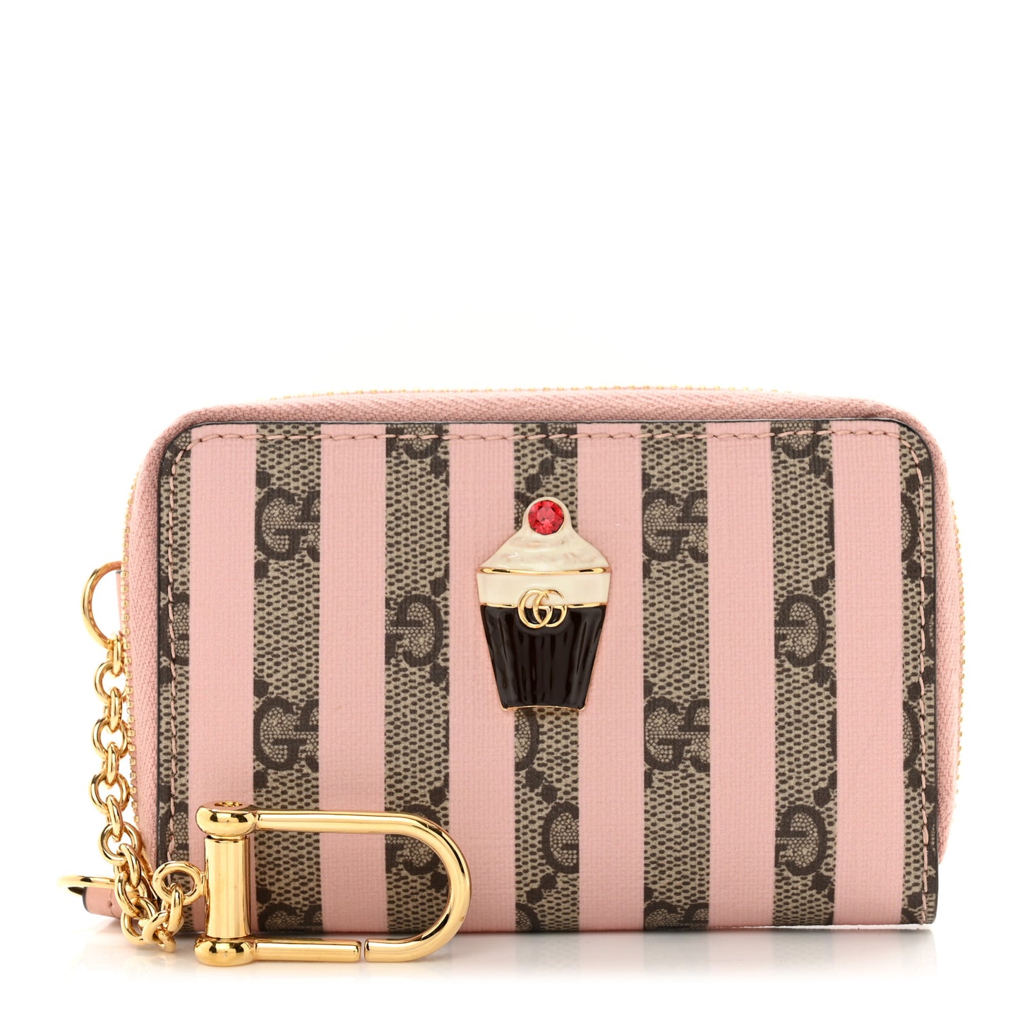 GG Supreme Monogram Vitello Eclipse Ice Cream Stripes Zip Around Card Case Wallet Beige Ebony Perfect Pink