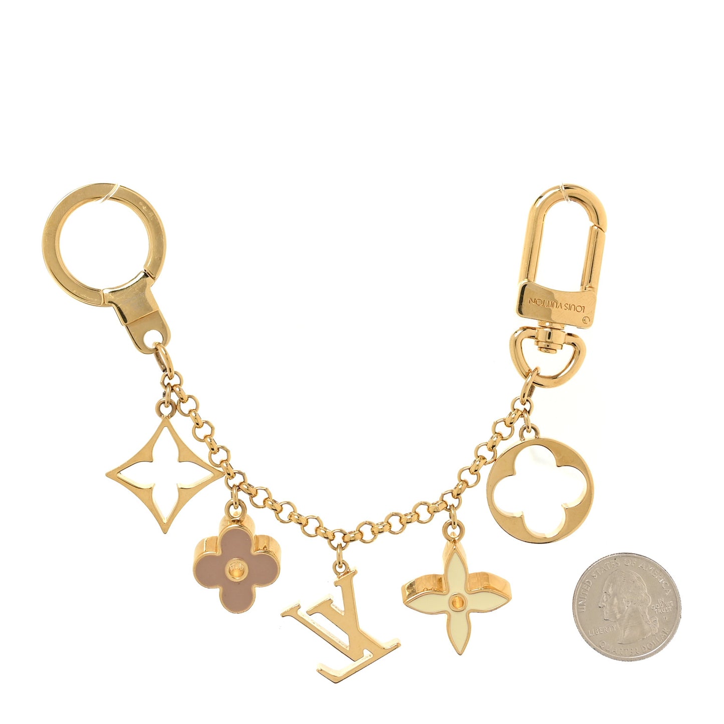 Brass Enamel Fleur De Monogram Bag Charm Chain Gold