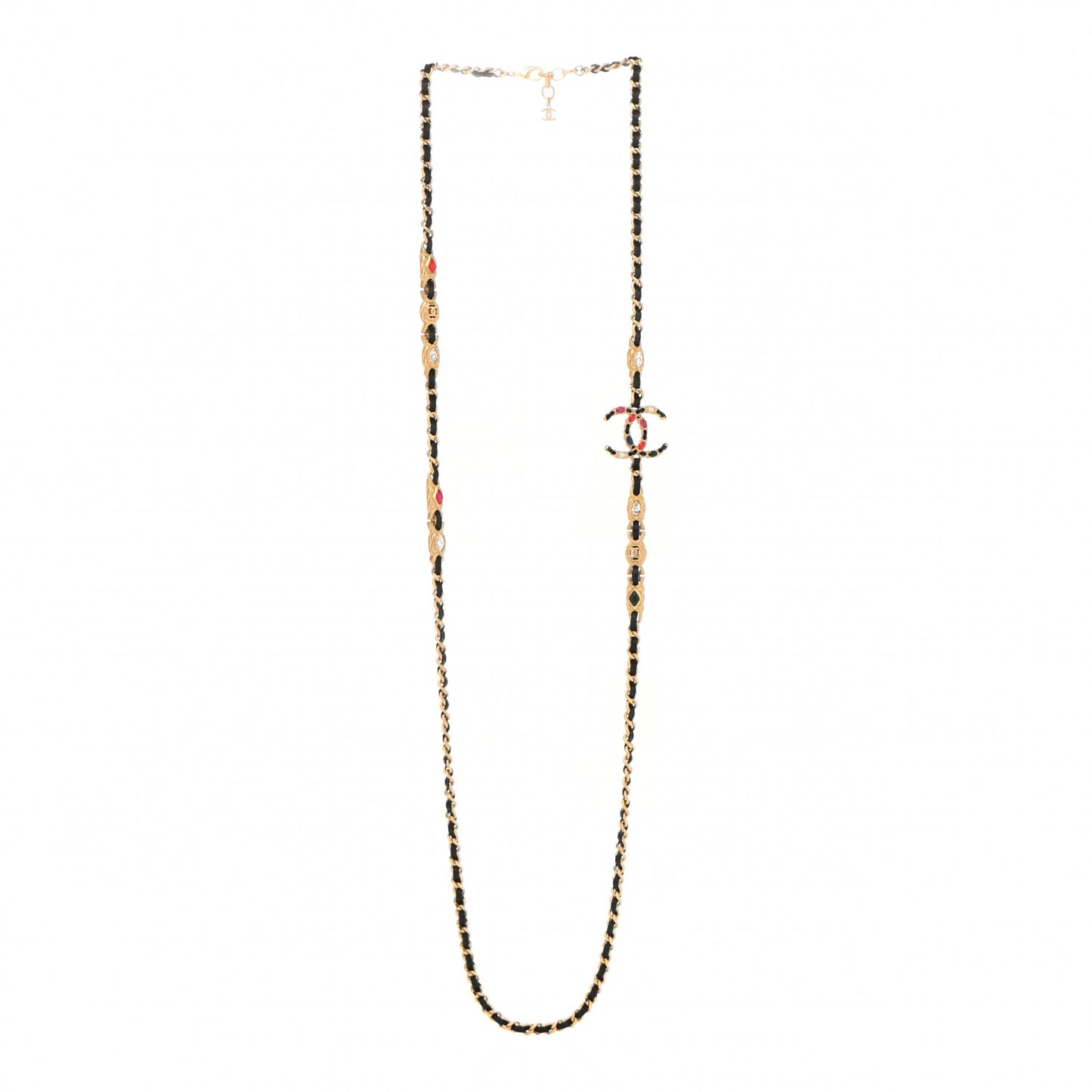 Lambskin Crystal CC Long Necklace Gold Black Red