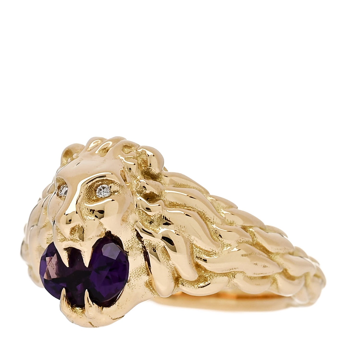 18K Yellow Gold Diamond Amethyst Lion Head Ring 54 7