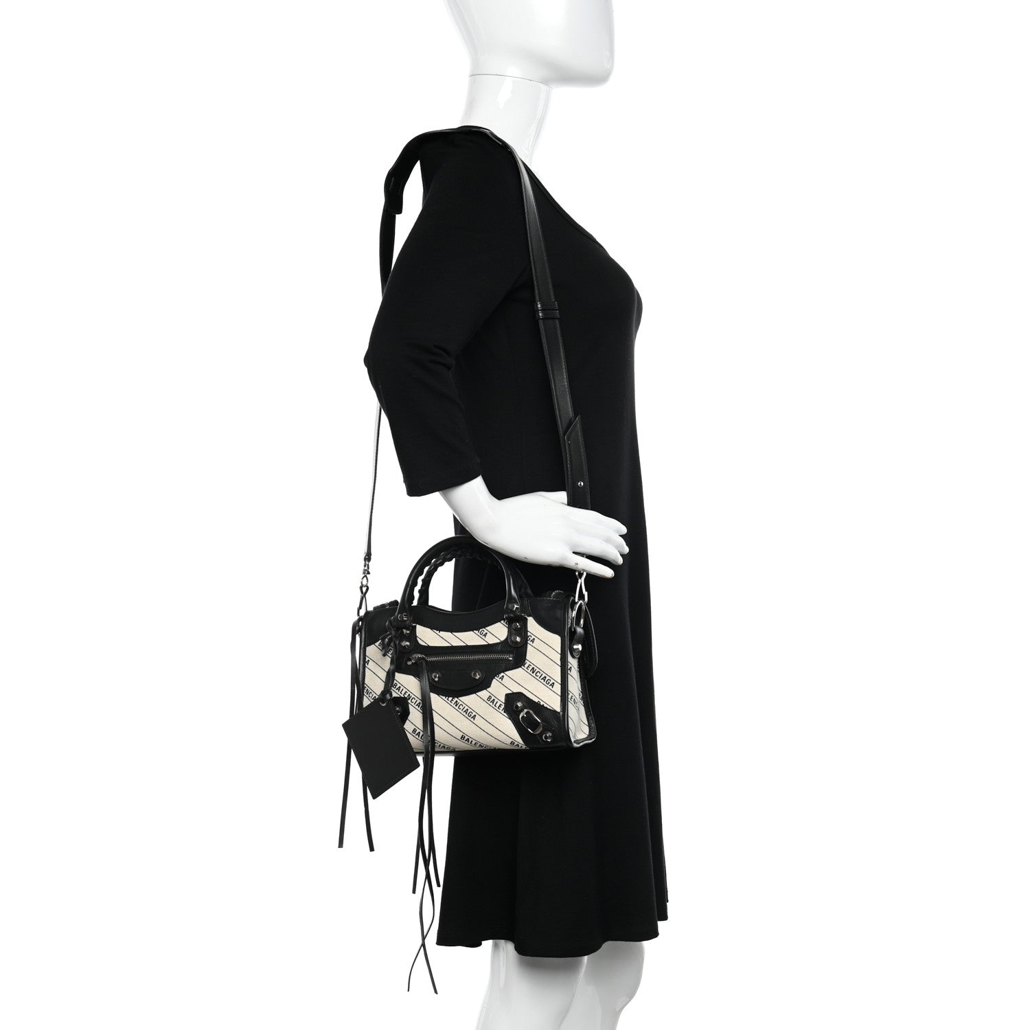 Balenciaga Canvas Satin Calfskin Diagonal Allover Logo Print Classic Silver Hardware Mini City Natural Black 3 of 9