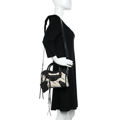 Balenciaga Canvas Satin Calfskin Diagonal Allover Logo Print Classic Silver Hardware Mini City Natural Black 3 of 9