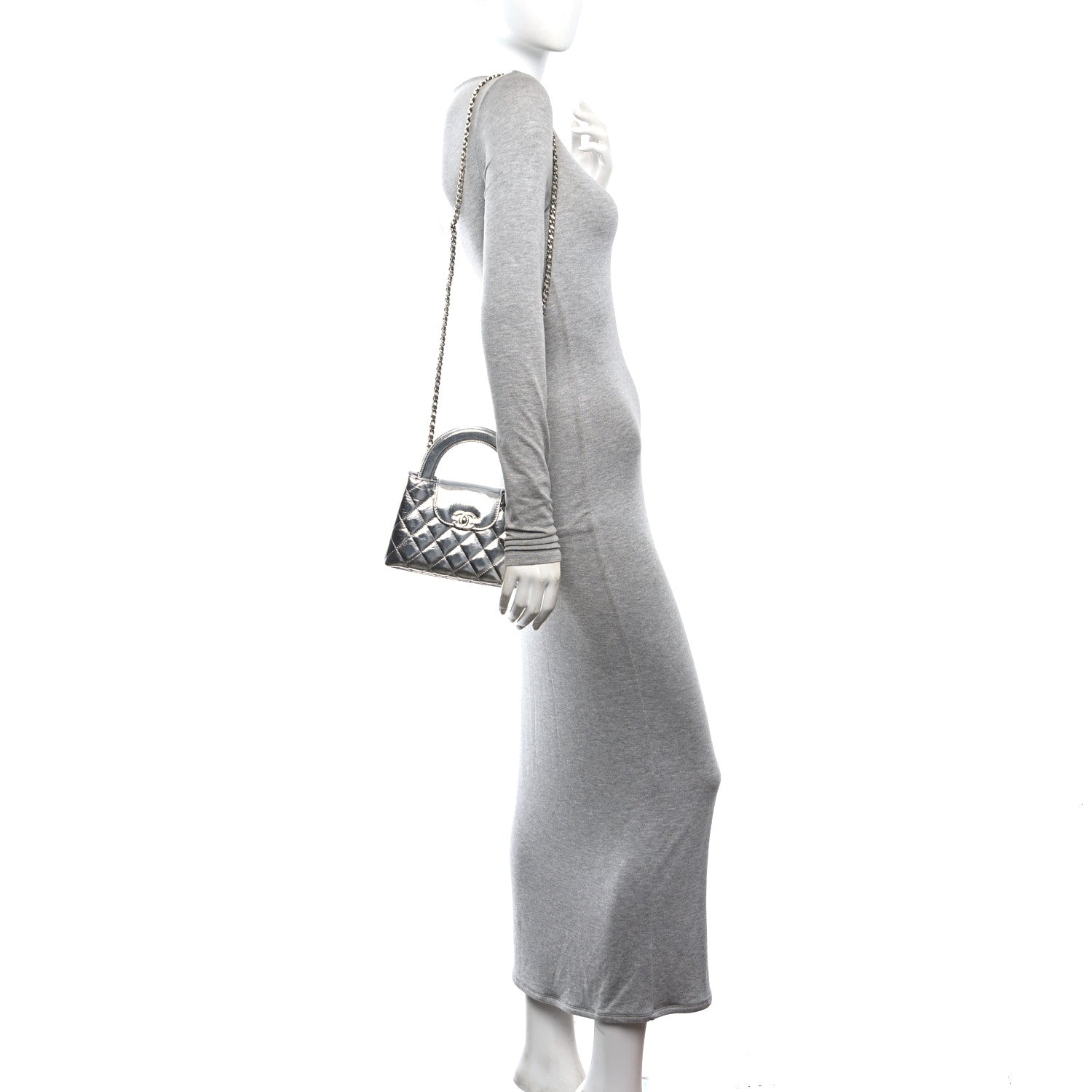 Chanel Metallic Aged Calfskin Quilted Nano Kelly Shopper Silvery