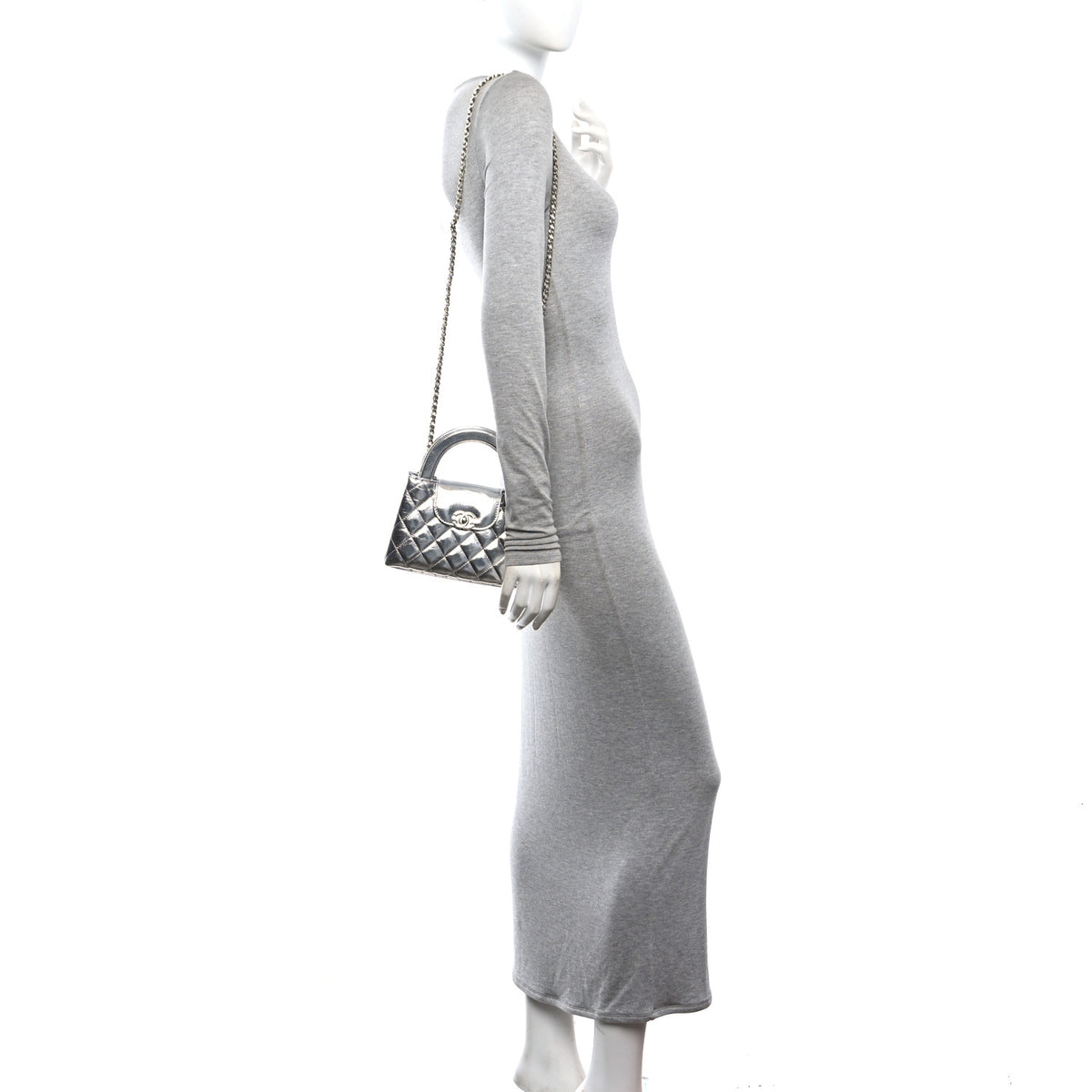 Chanel Metallic Aged Calfskin Quilted Nano Kelly Shopper Silvery 2 of 11