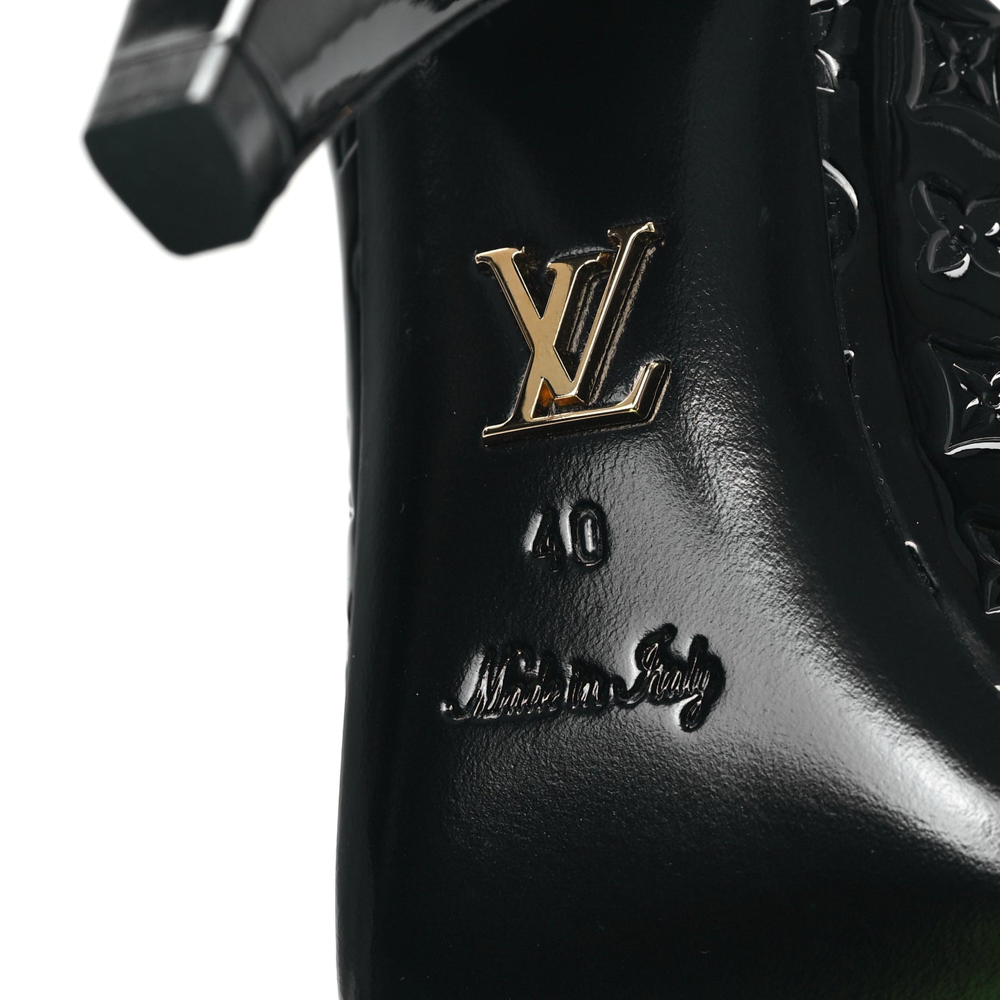Patent Calfskin Monogram Embossed Super Mules 40 Black