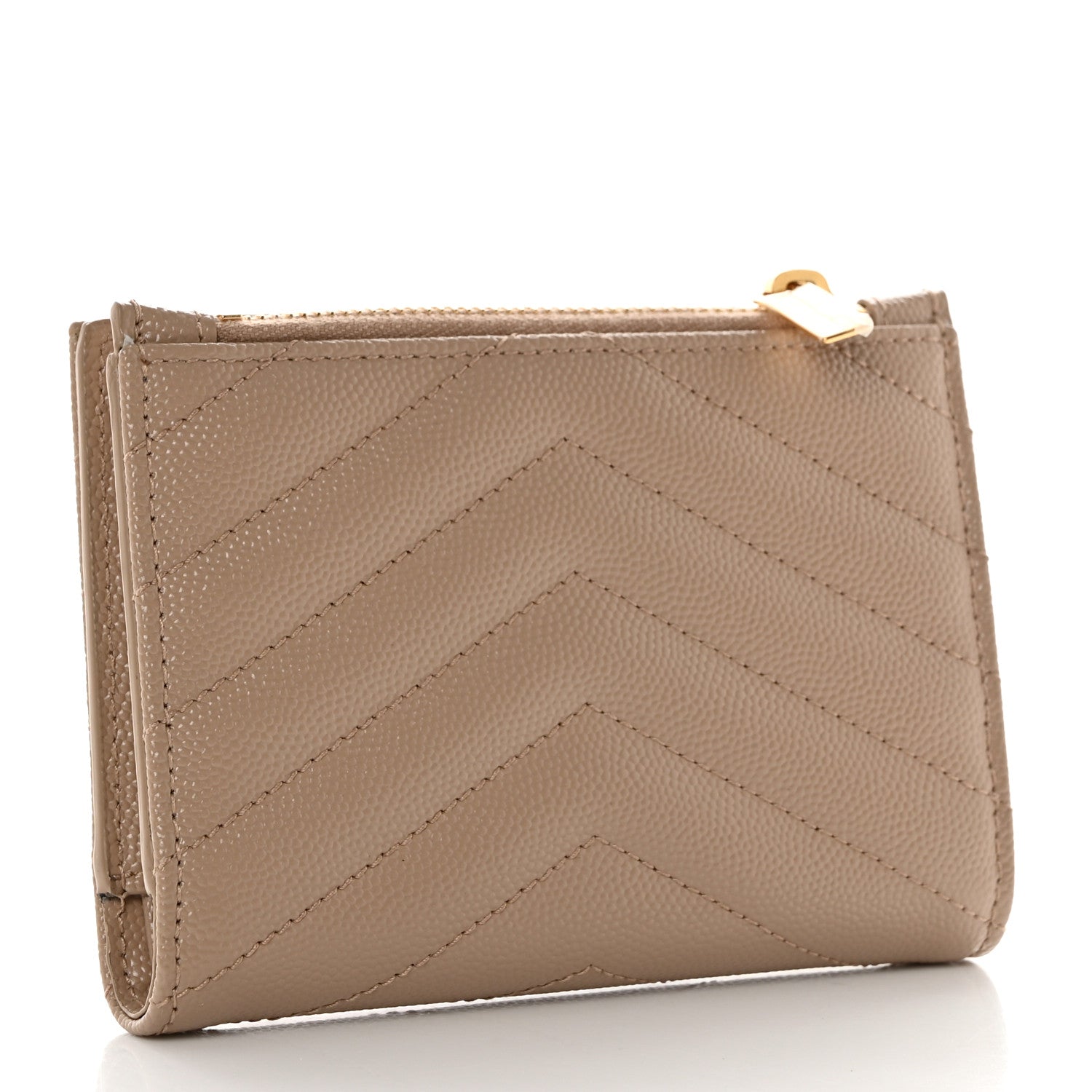 Saint Laurent Grain De Poudre Matelasse Chevron Monogram Zipped Two-Part Wallet Dark Beige 3 of 8