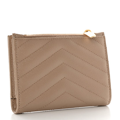 Saint Laurent Grain De Poudre Matelasse Chevron Monogram Zipped Two-Part Wallet Dark Beige 3 of 8