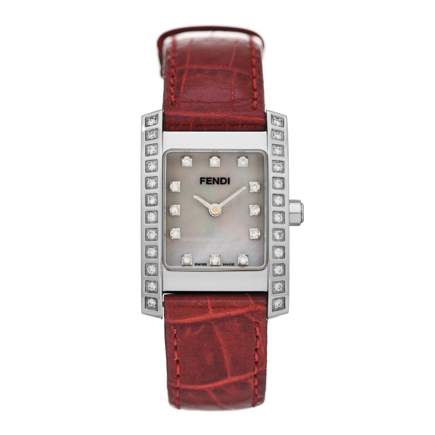 Fendi Stainless Steel Alligator Diamond Bezel Mother of Pearl 22mm Quartz Watch Red 1 of 5