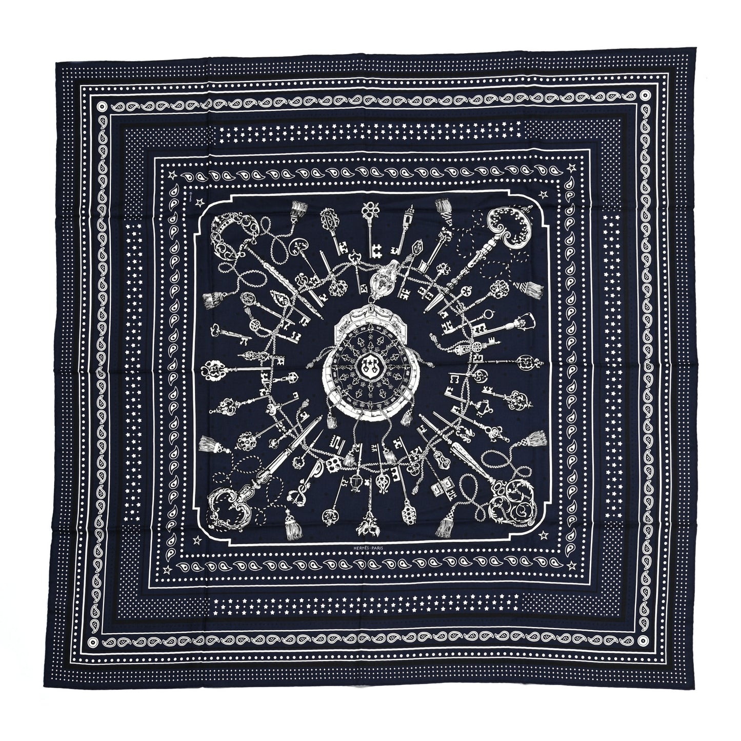 Cashmere Silk Les Cles Bandana Shawl 140 Marine Black White