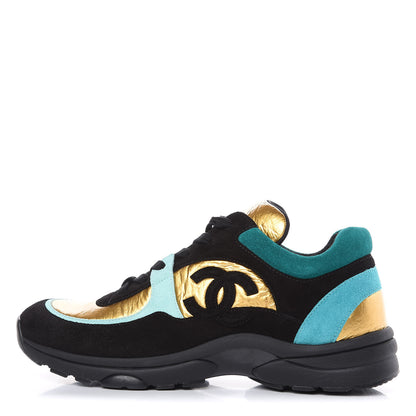 Chanel Fabric Calfskin Suede CC Womens Sneakers 38.5 Black Turquoise Gold 1 of 7