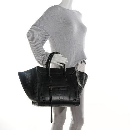 Celine Crocodile Embossed Calfskin Medium Phantom Luggage Black 2 of 7