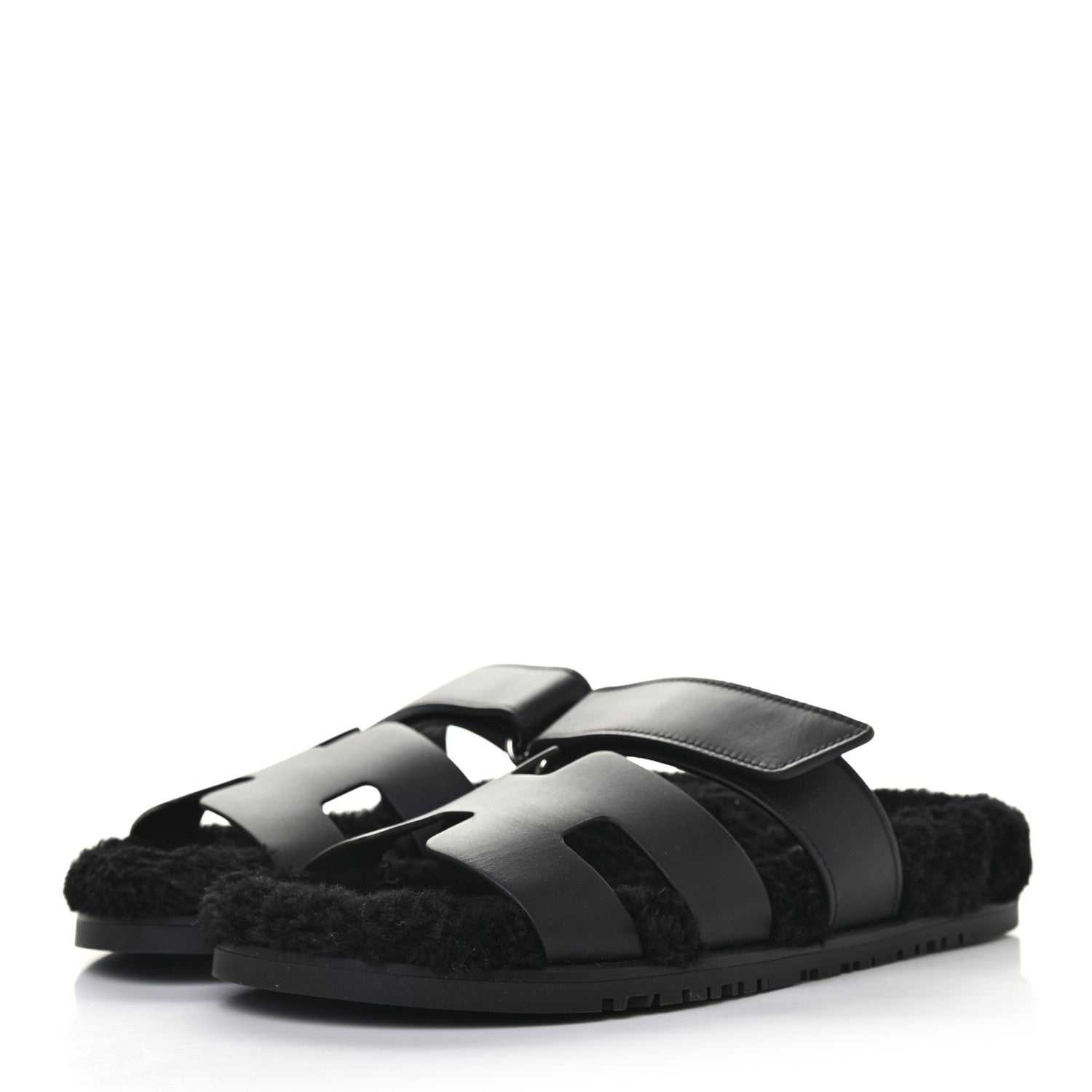 Hermes Calfskin Woolskin Womens Chypre Sandals 39 Black 2 of 7