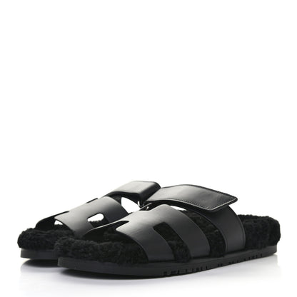 Hermes Calfskin Woolskin Womens Chypre Sandals 39 Black 2 of 7