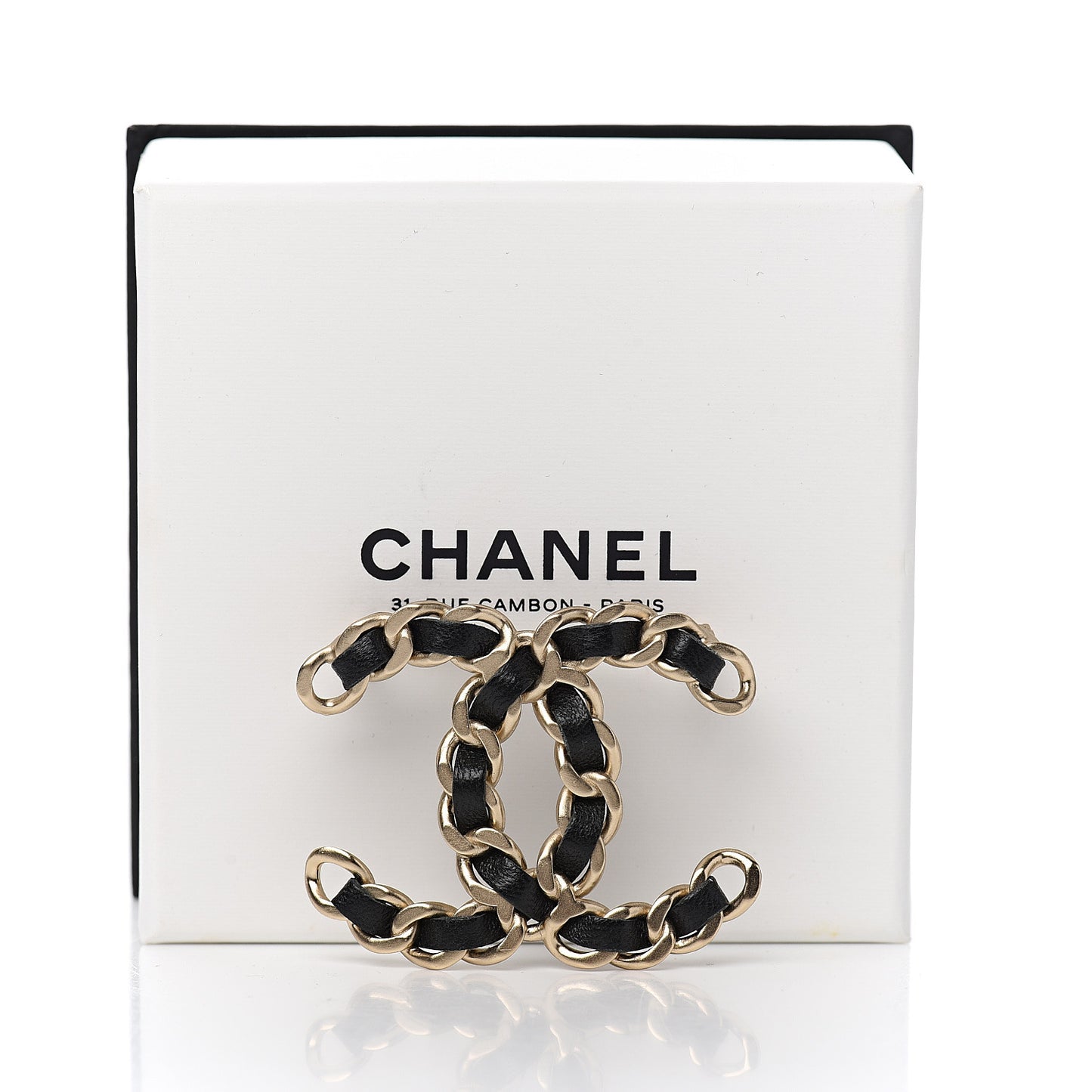 Lambskin Chain CC Brooch Black Gold