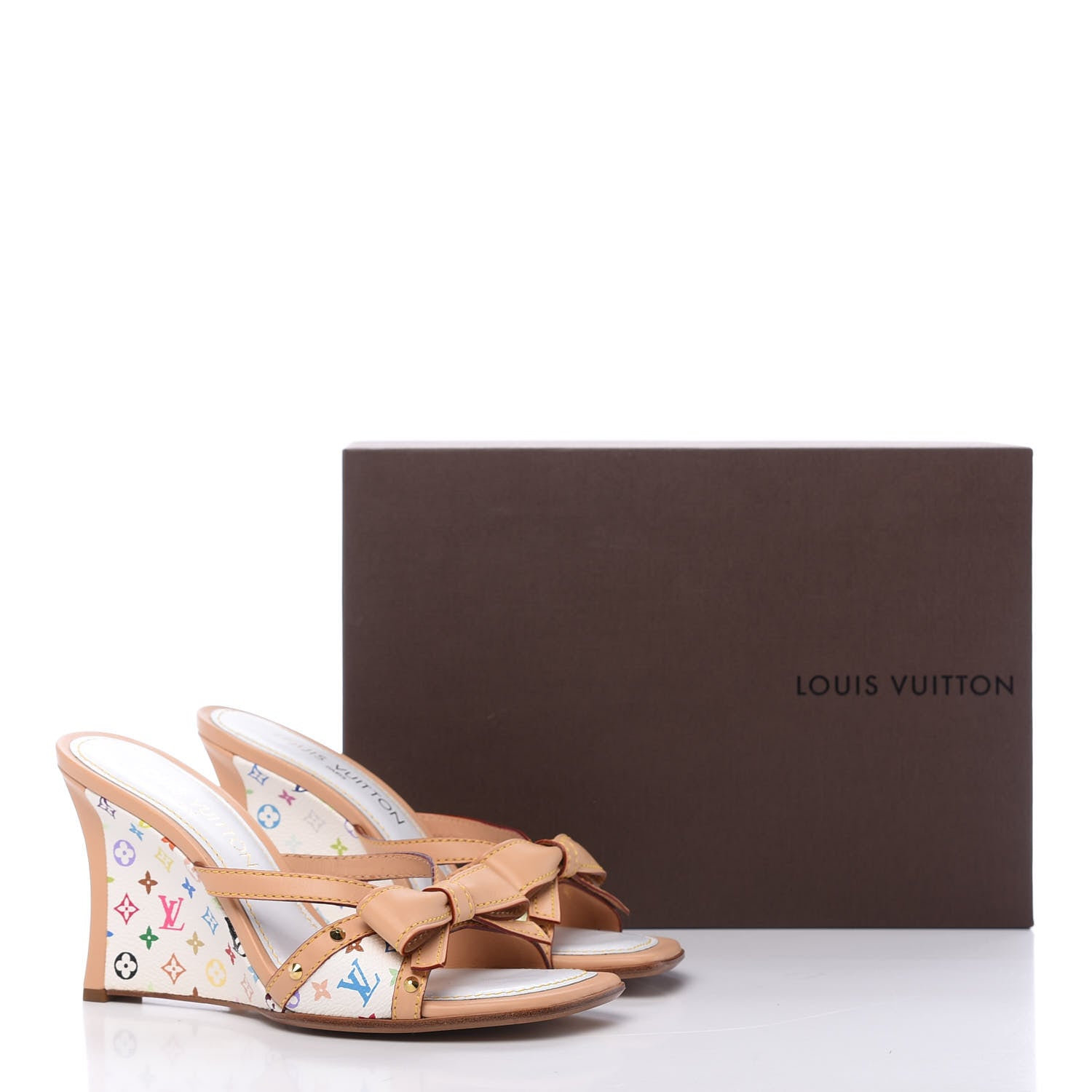 Louis Vuitton Monogram Multicolor Bow Wedge Sandals 37 White