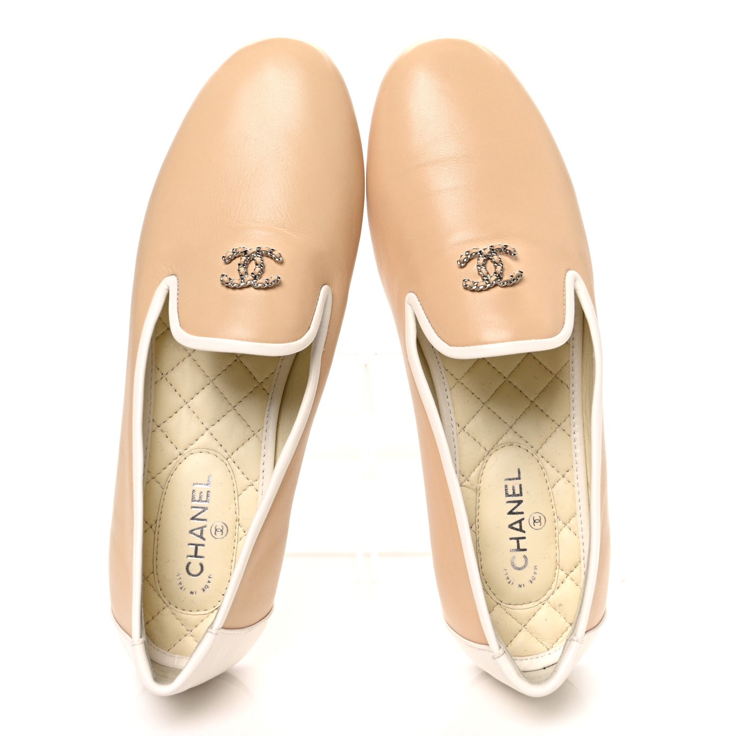 Fantasy Goatskin CC Mocassin Loafers 38.5 Beige White