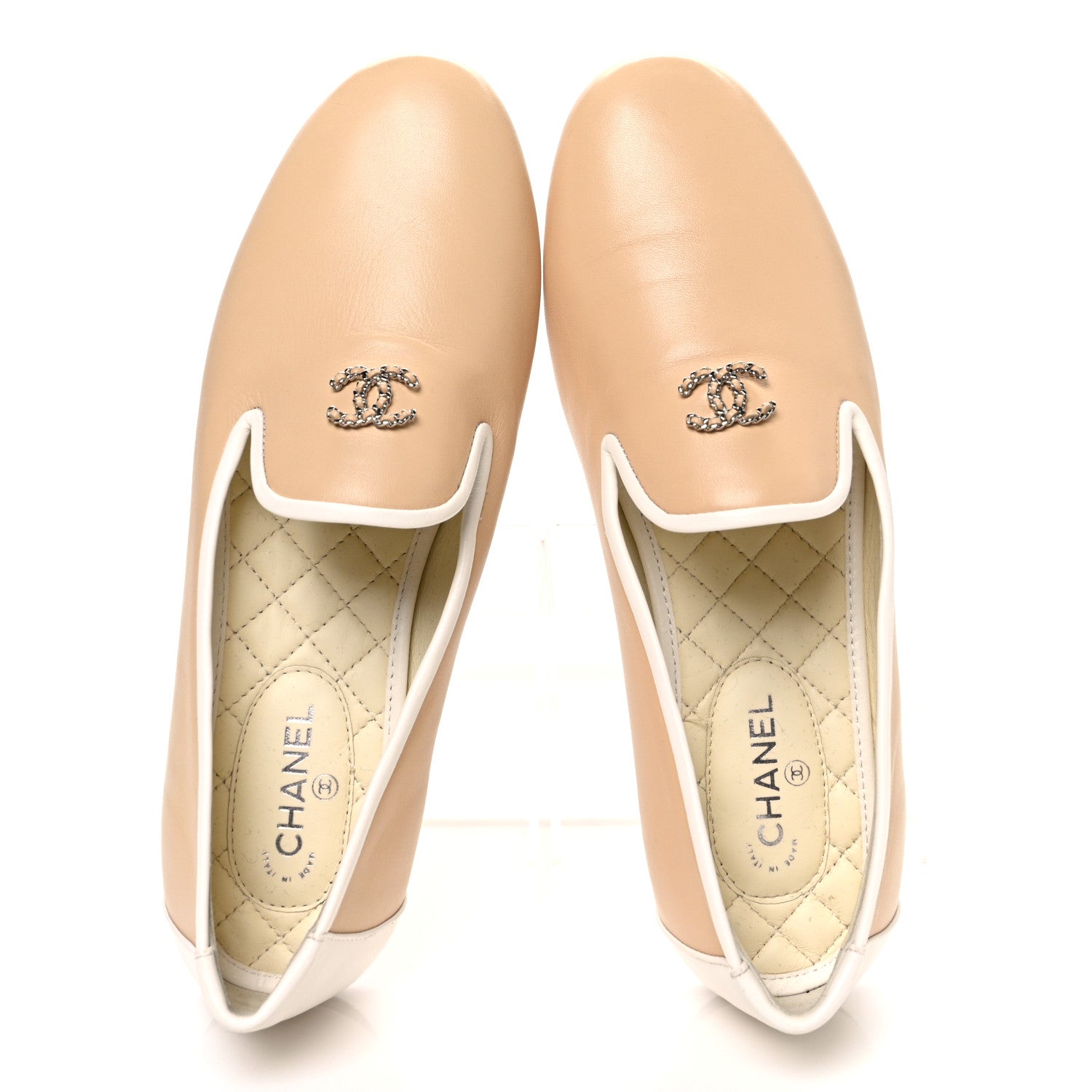 Chanel Fantasy Goatskin CC Mocassin Loafers 38.5 Beige White 2 of 10