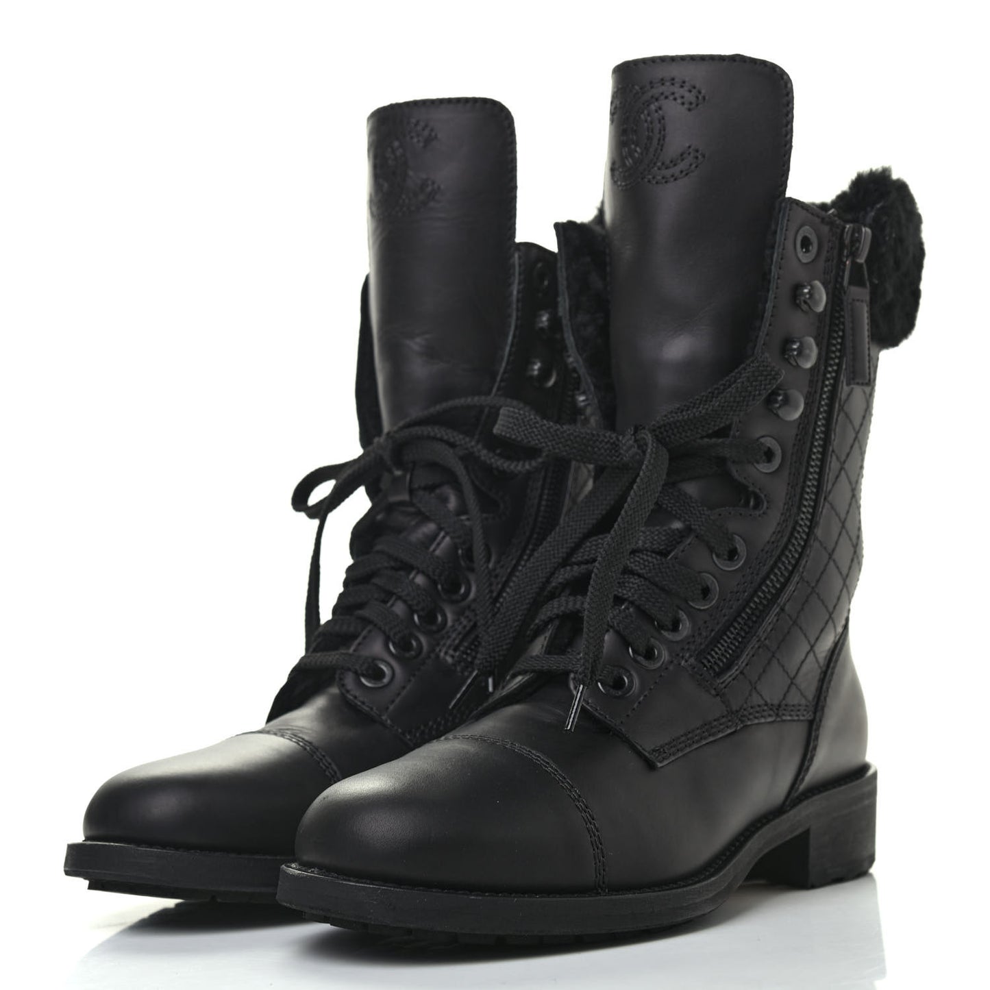 Calfskin Shearling Quilted Cap Toe Combat Boots 37 Black