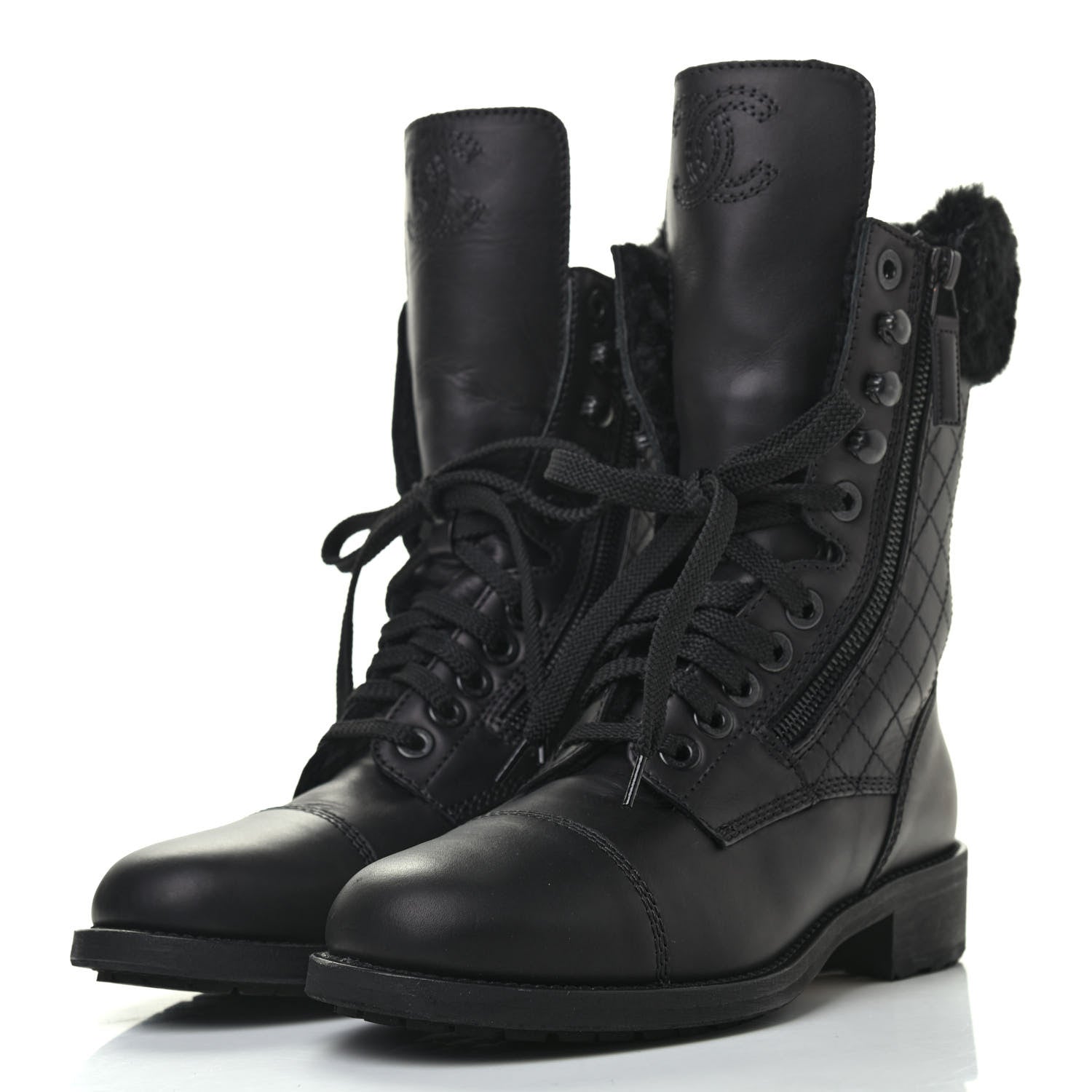 Chanel Calfskin Shearling Quilted Cap Toe Combat Boots 37 Black 3 of 9