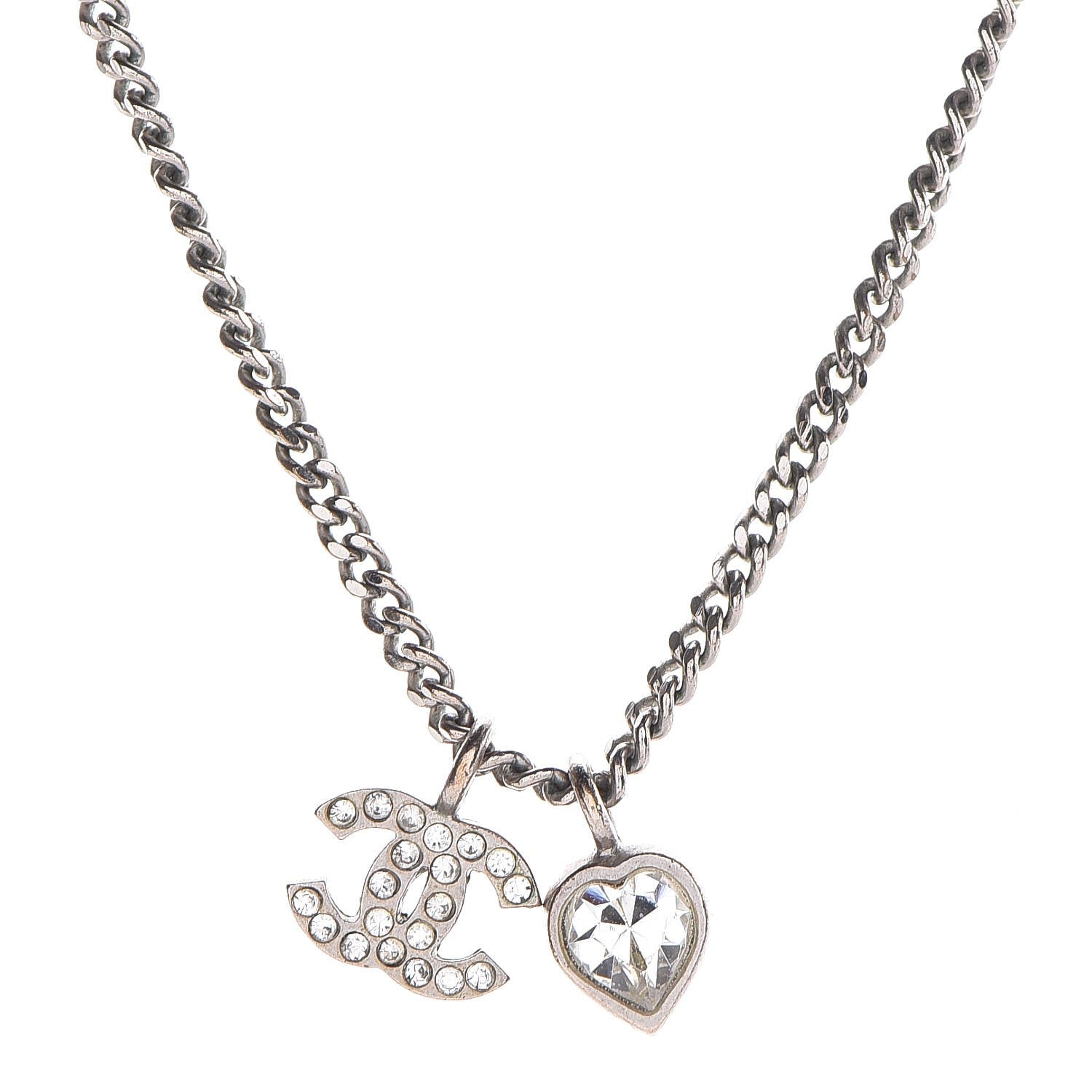 Chanel Crystal Mini Heart CC Necklace Silver 4 of 8