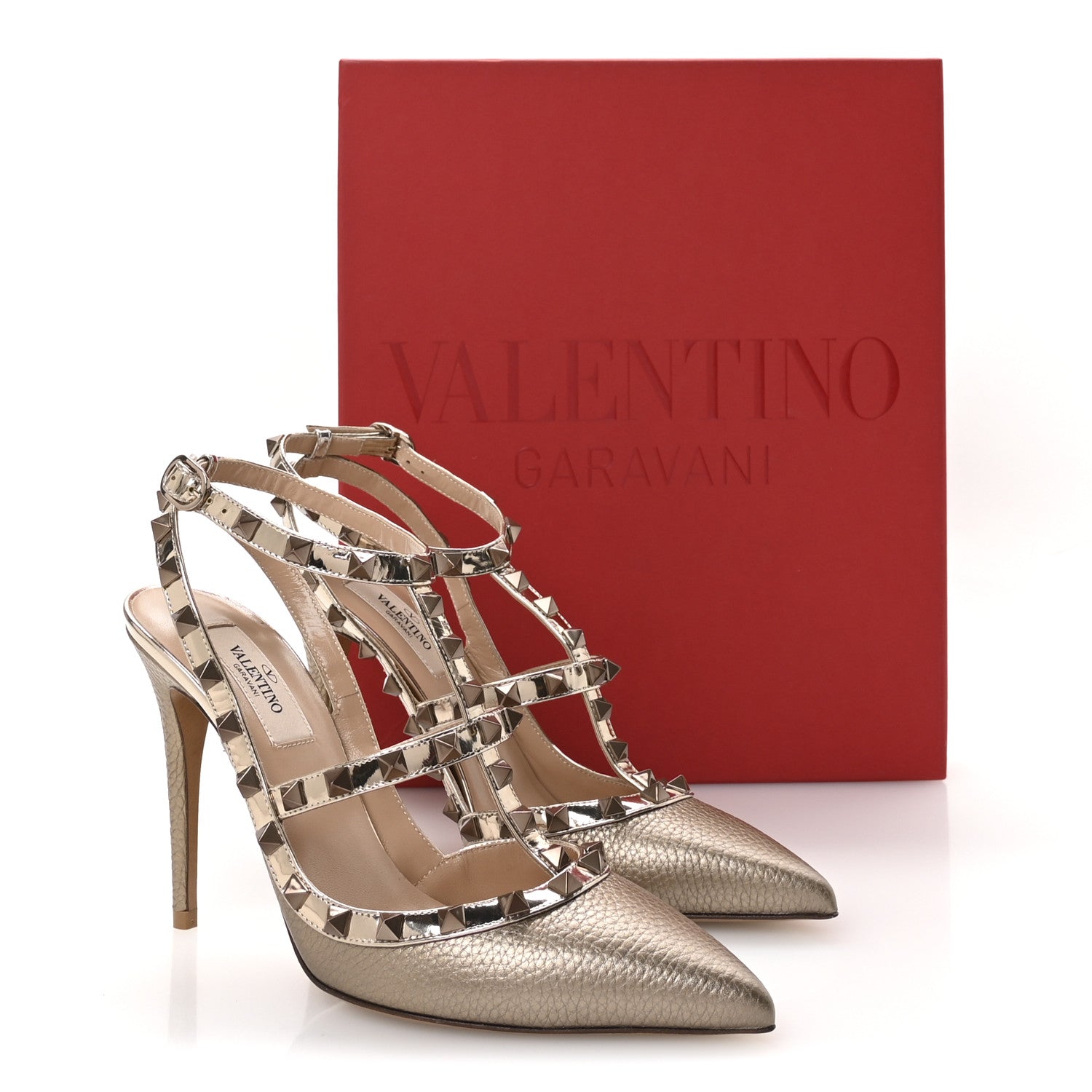 Valentino Garavani Metallic Pebbled Calfskin Patent Rockstud Ankle Strap 100mm Pumps 38.5 Skin 8 of 8