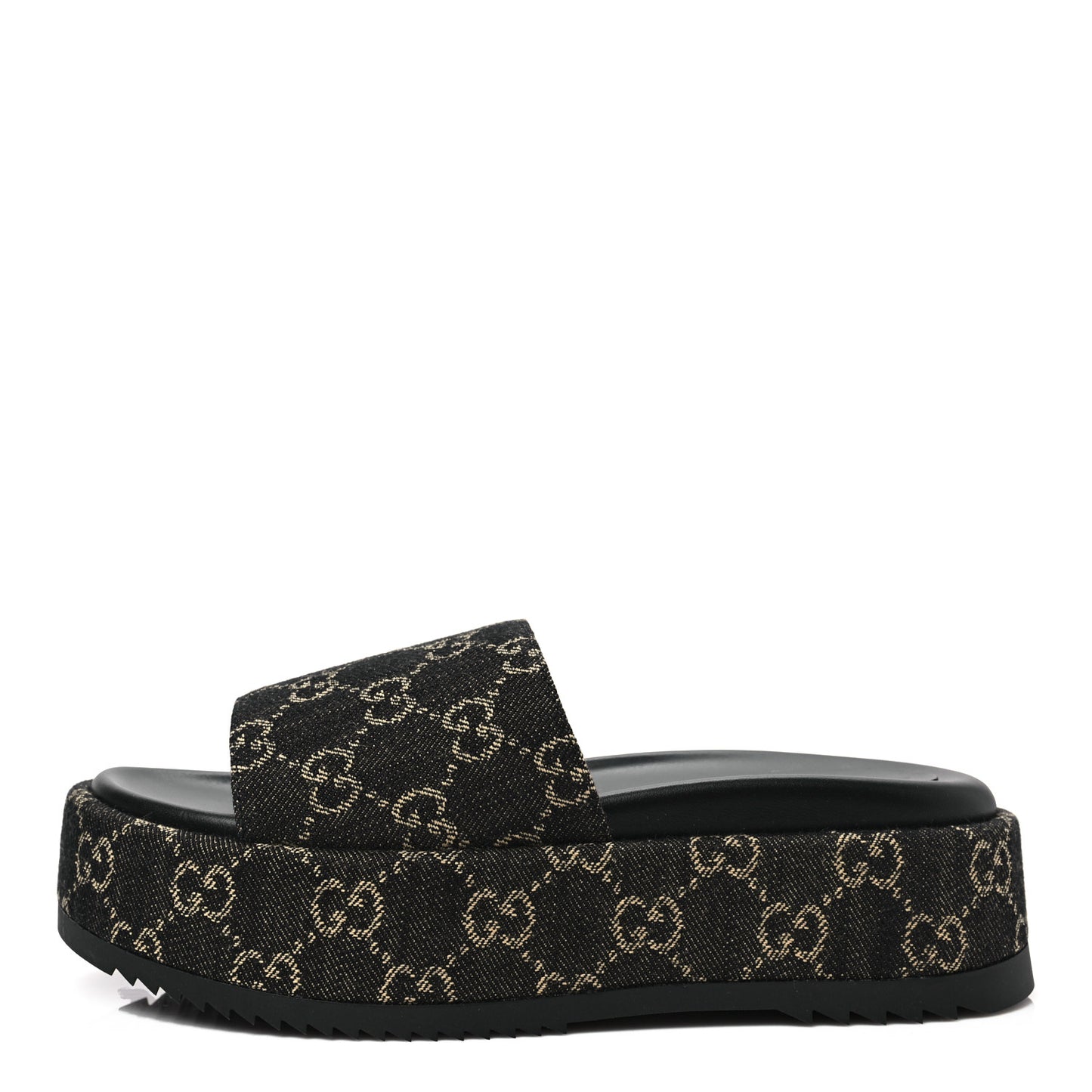 Jacquard Black Denim GG Monogram Angelina Platform 55mm Slide Sandals 37.5 Black Ivory