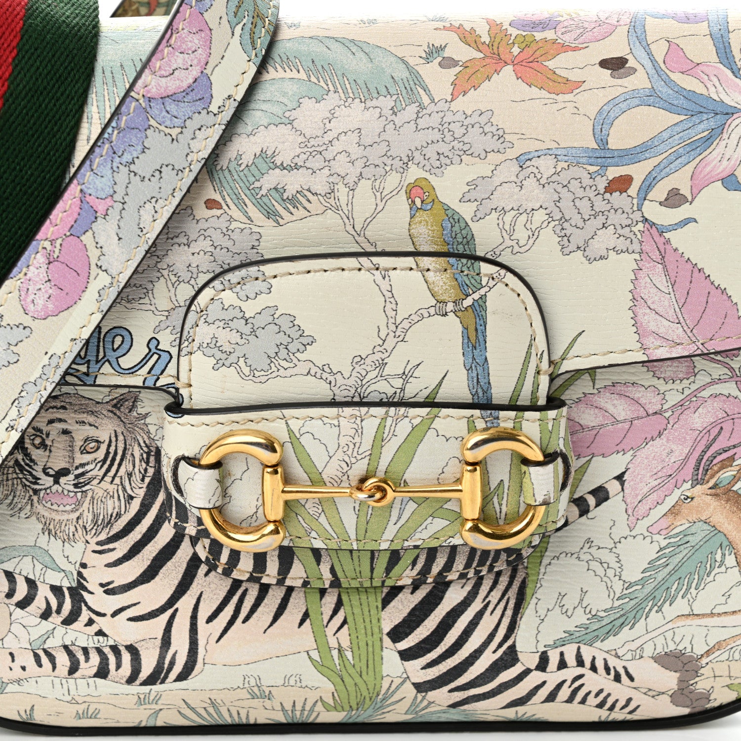 Gucci New Shangai Calfskin Tiger Savanah Web Mini Horsebit 1955 Shoulder Bag Chalky White Multicolor 8 of 11