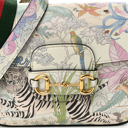 Gucci New Shangai Calfskin Tiger Savanah Web Mini Horsebit 1955 Shoulder Bag Chalky White Multicolor 8 of 11