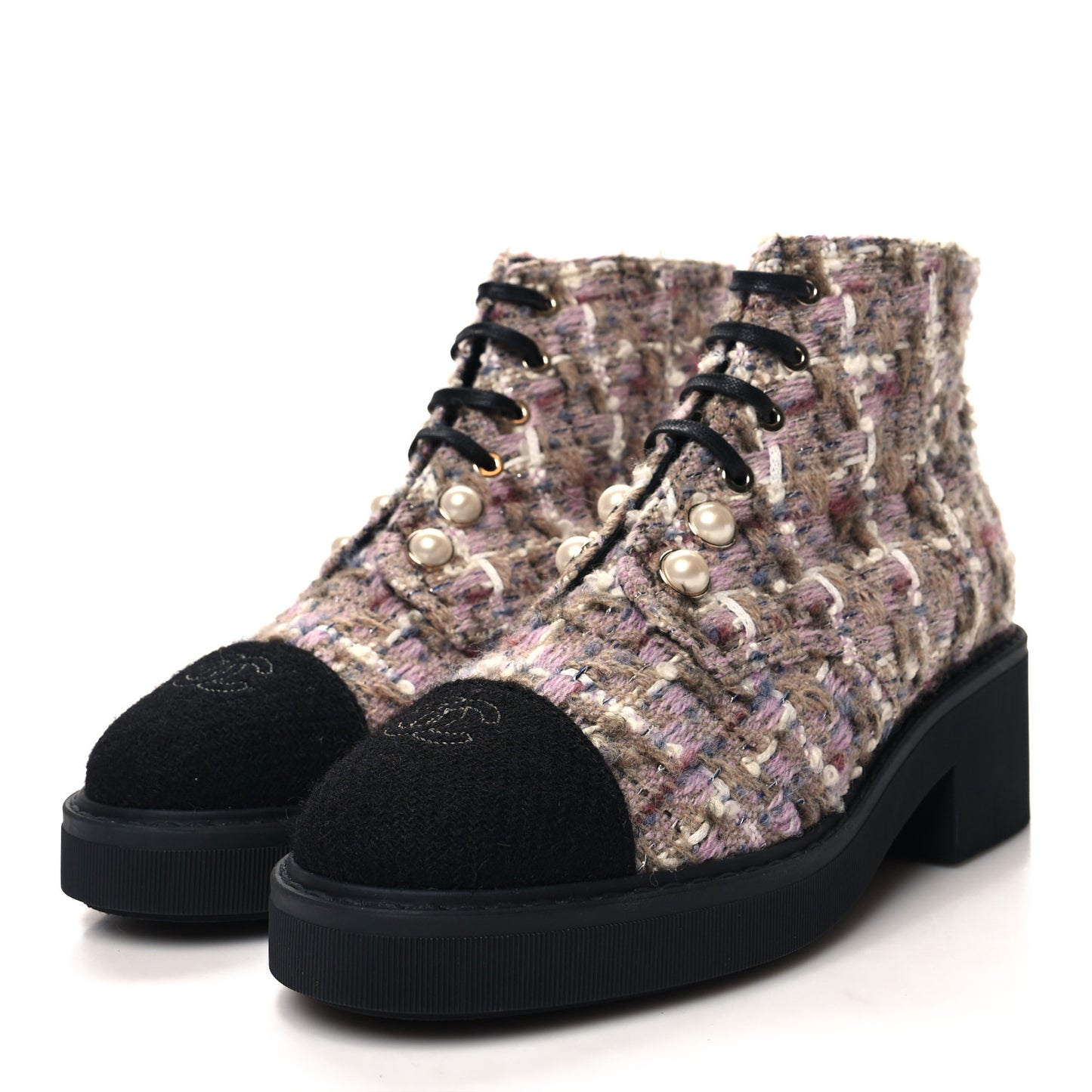 Tweed Calfskin Pearl Combat Short Boots 39 Beige Pink Black