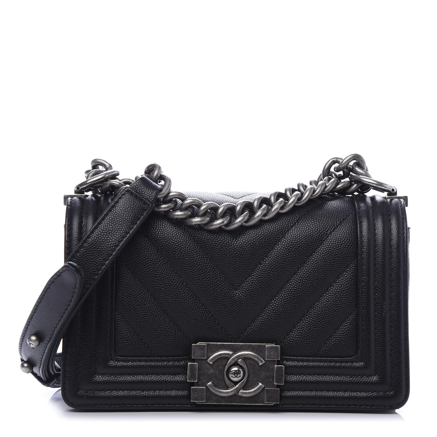 Caviar Chevron Quilted Small Boy Flap Black