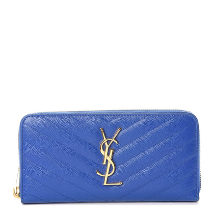 Saint Laurent Grain De Poudre Matelasse Chevron Monogram Zip Around Wallet Royal Blue 1 of 5